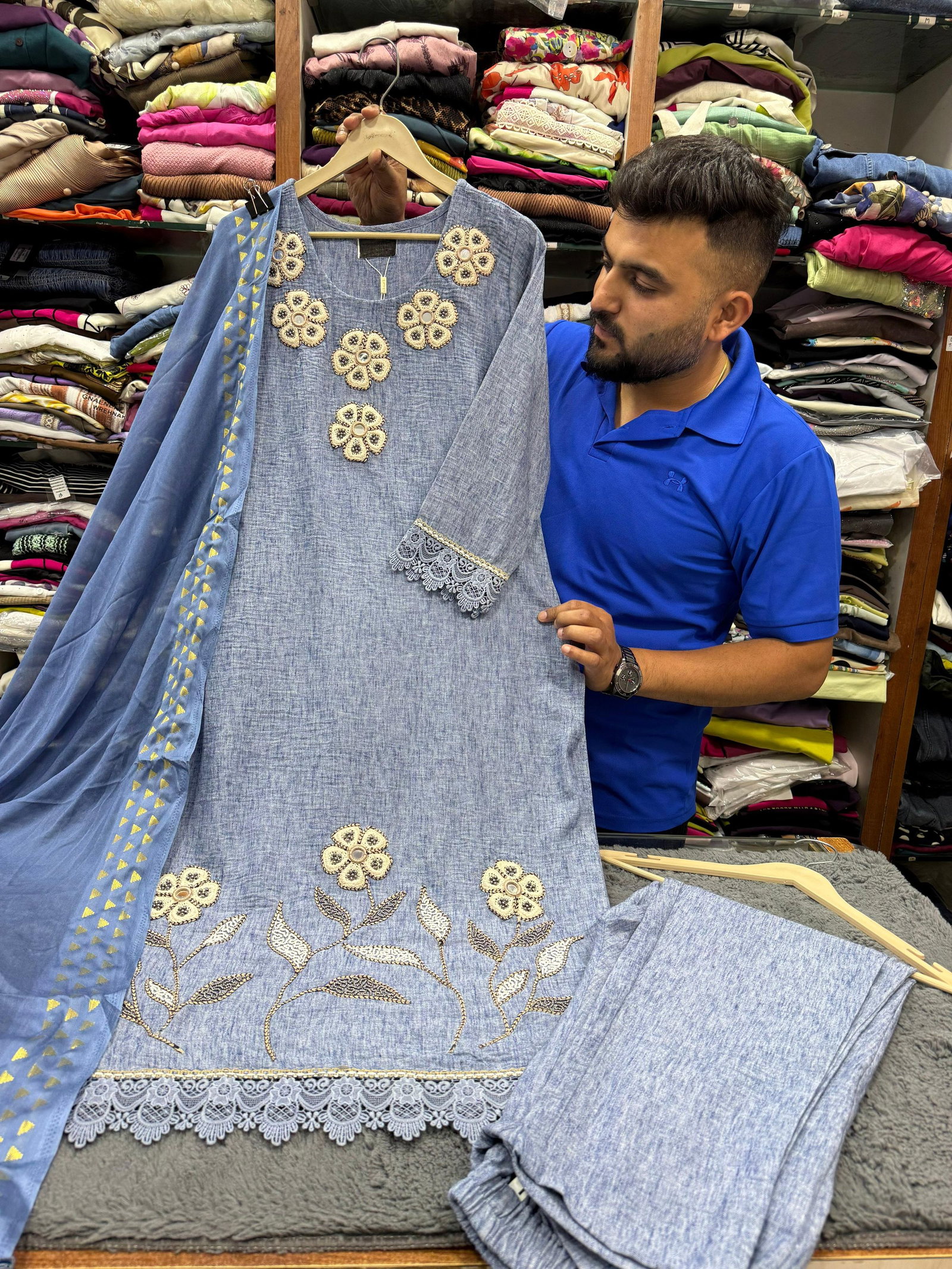 Denim Blue Washing Lenin Kurti Set  